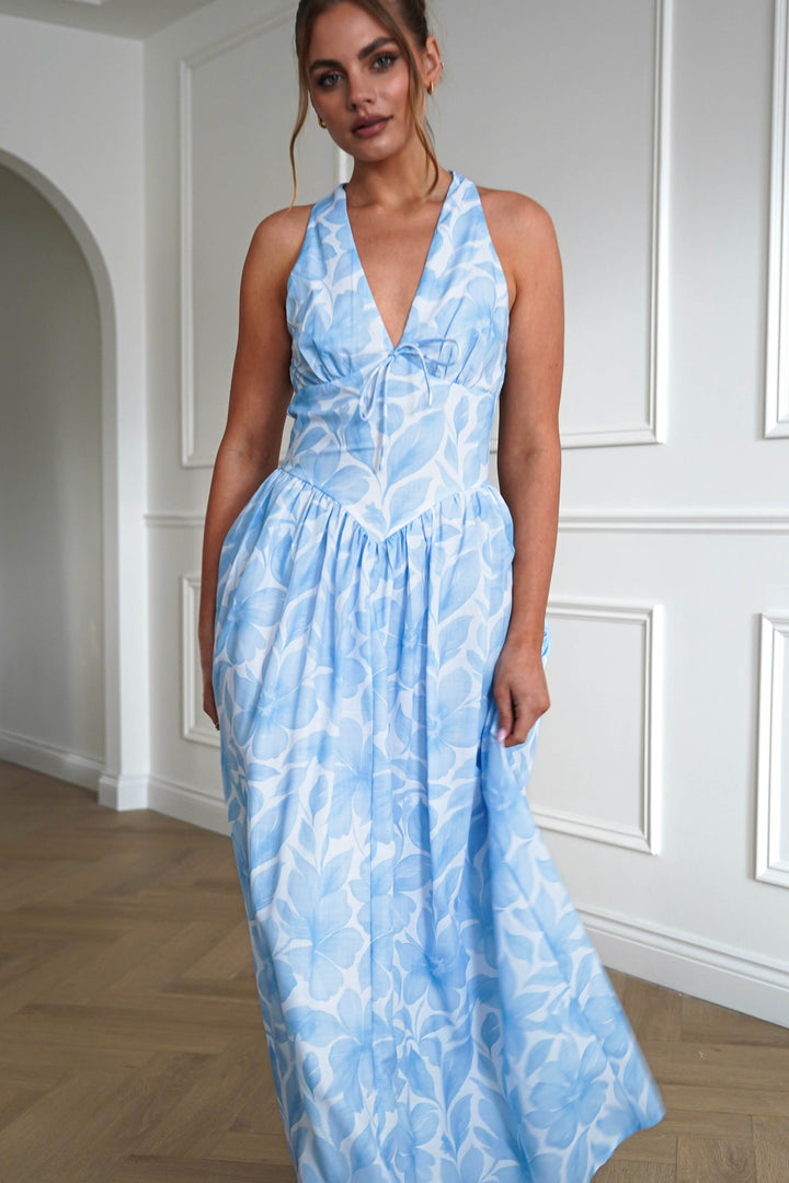 Martha Floral Halterneck Maxi Dress | Blue