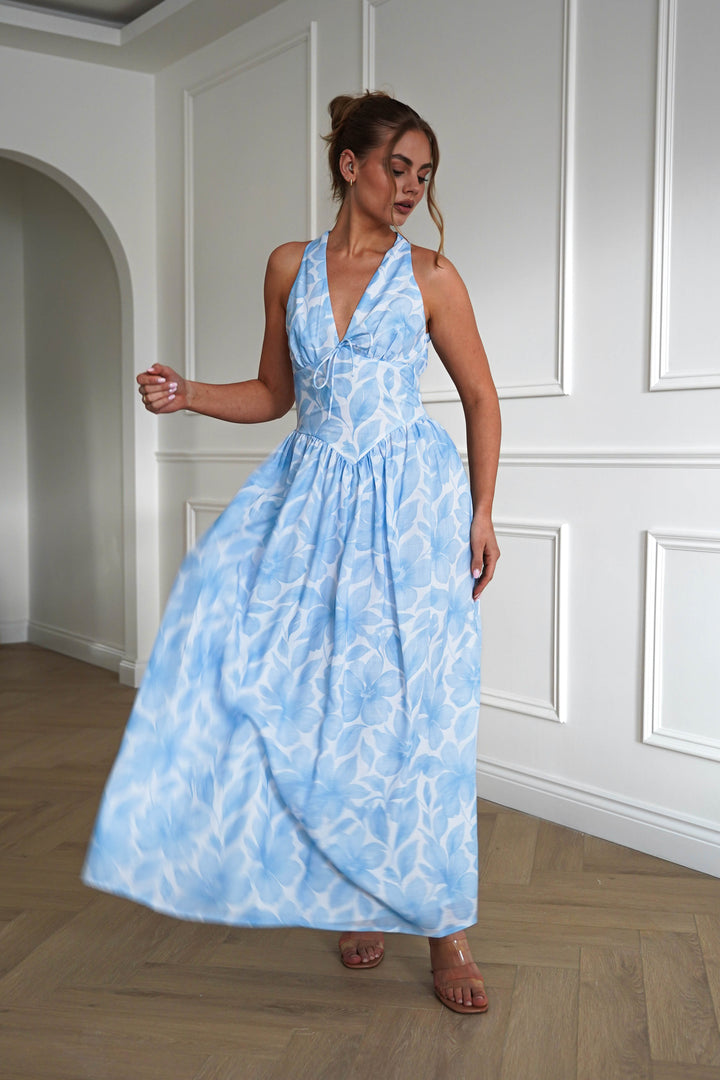 Martha Floral Halterneck Maxi Dress | Blue