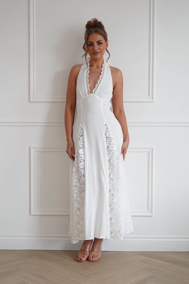 Romance Lace Trim Tie-Back Midi Dress | White
