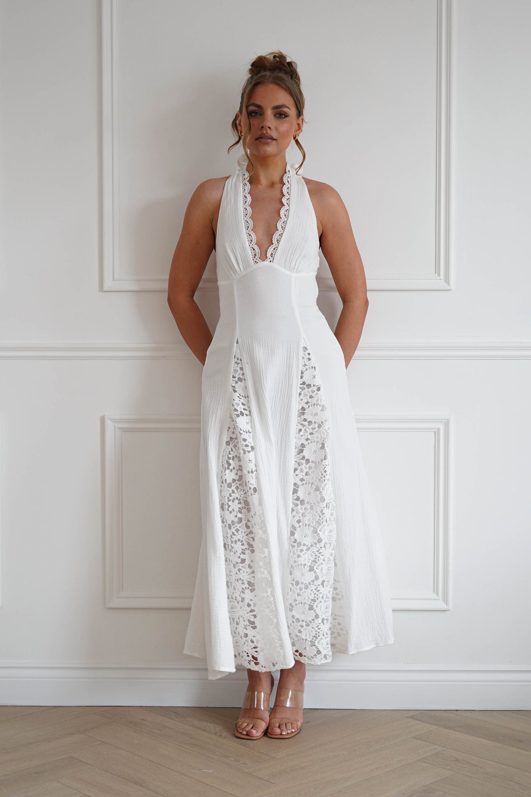 Romance Lace Trim Tie-Back Midi Dress | White