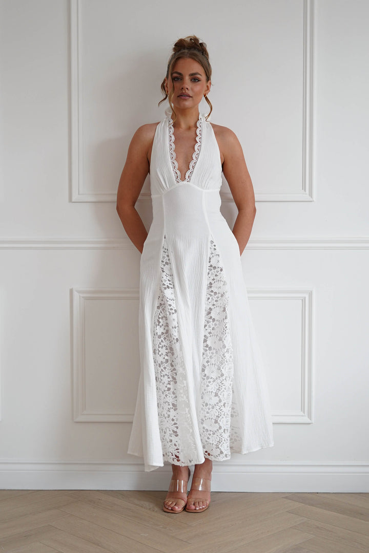 Romance Lace Trim Tie-Back Midi Dress | White