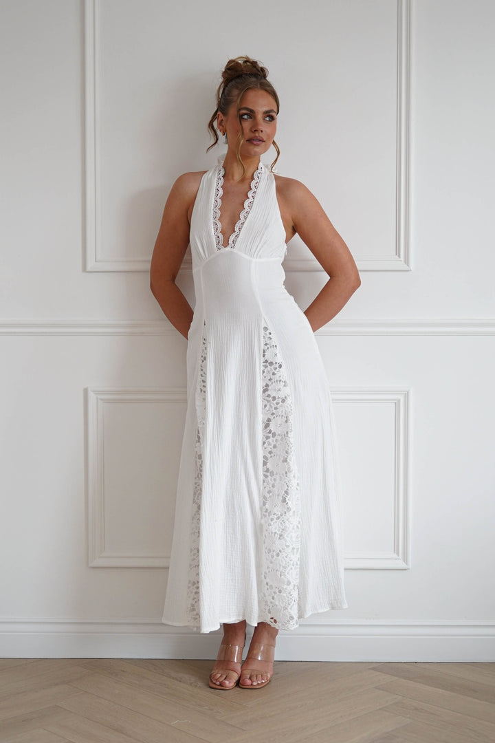 Romance Lace Trim Tie-Back Midi Dress | White