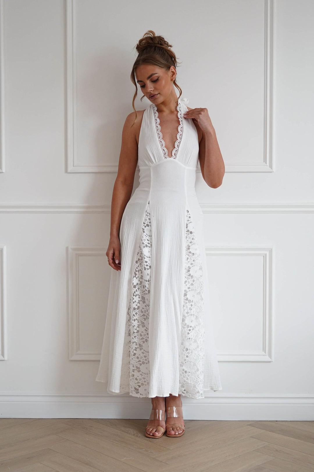 Romance Lace Trim Tie-Back Midi Dress | White