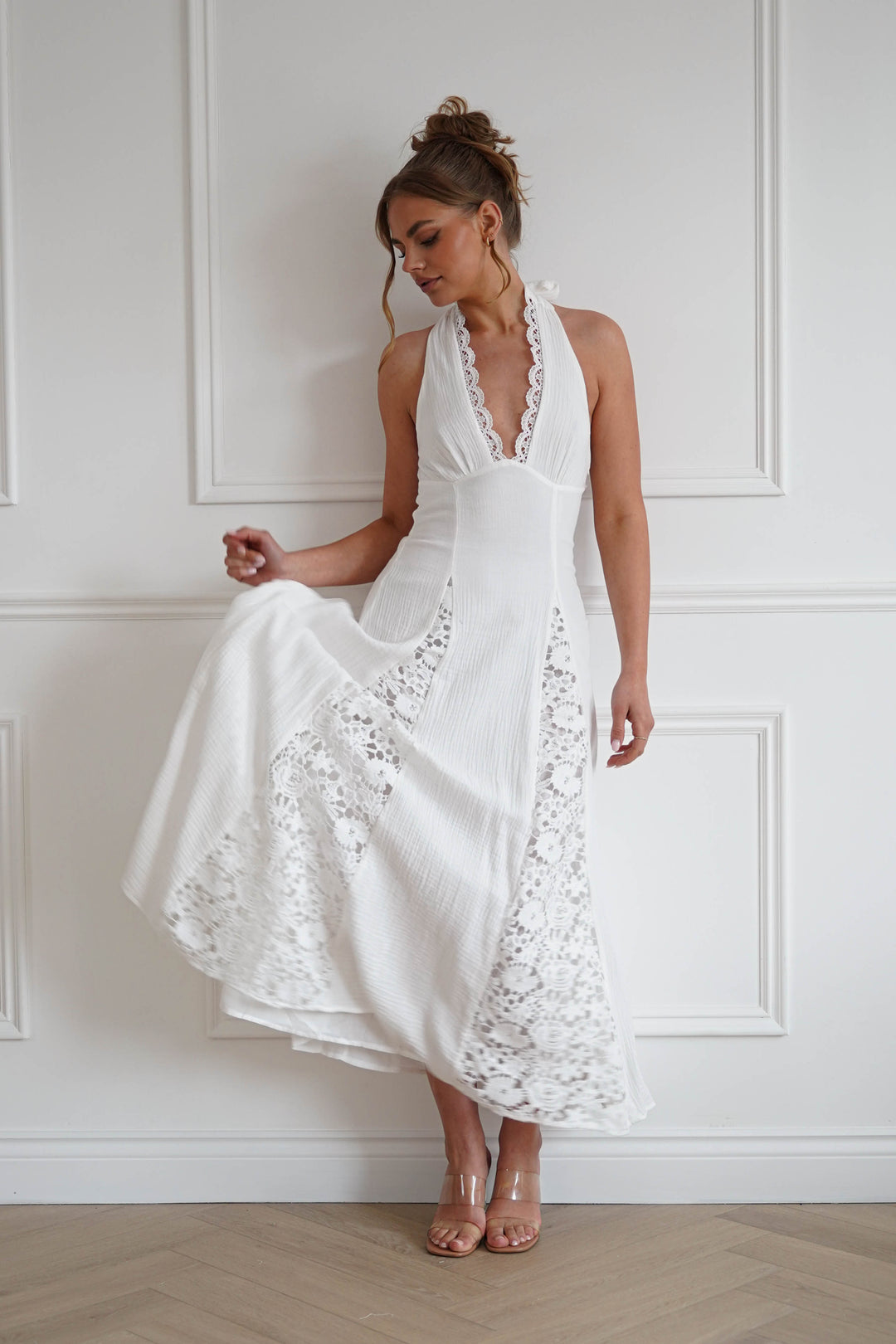 Romance Lace Trim Tie-Back Midi Dress | White