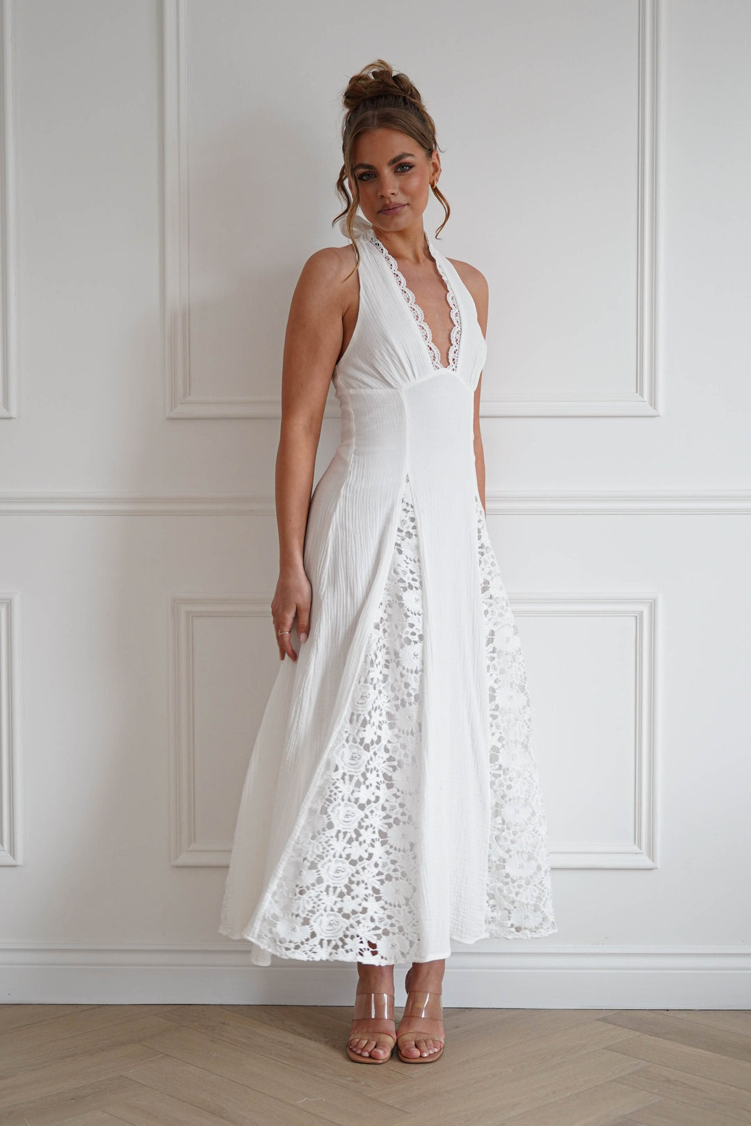 Romance Lace Trim Tie-Back Midi Dress | White