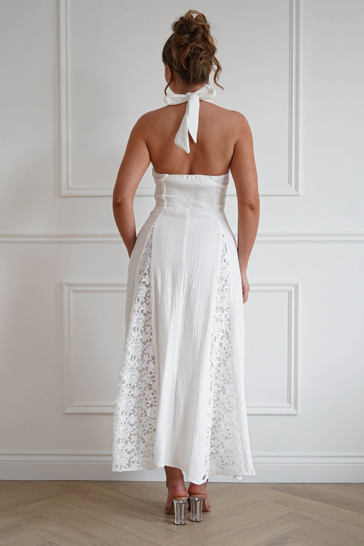 Romance Lace Trim Tie-Back Midi Dress | White