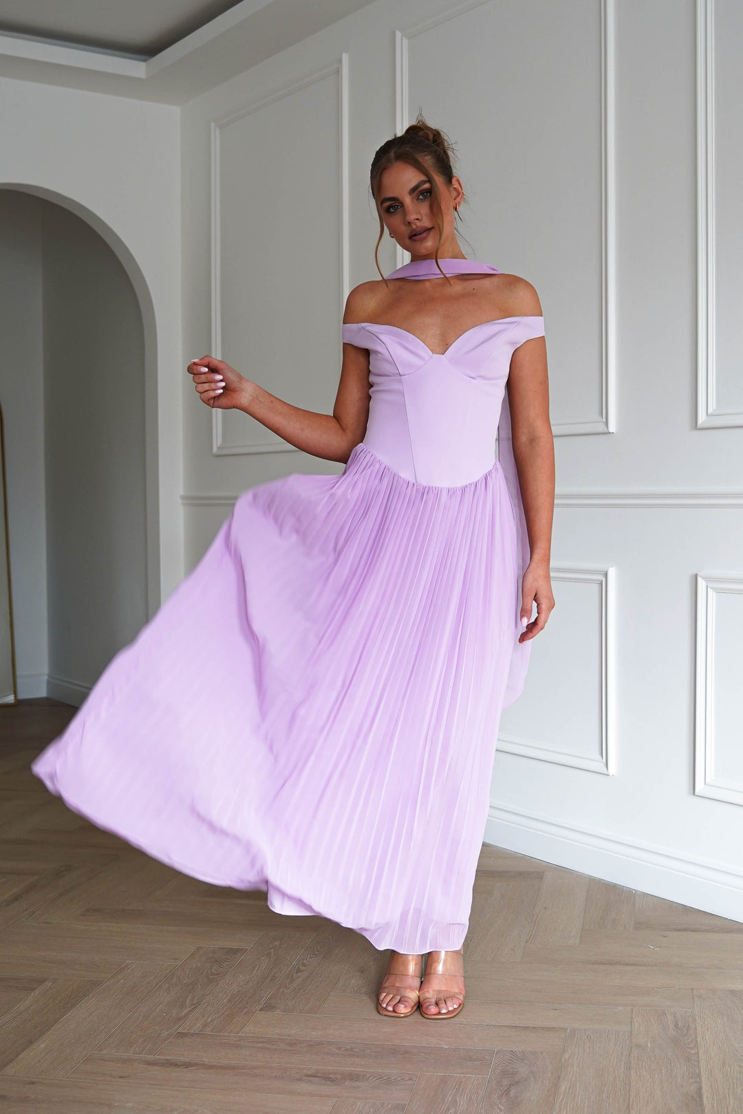 Kelsea Off The Shoulder Pleated Maxi Dress | Lilac