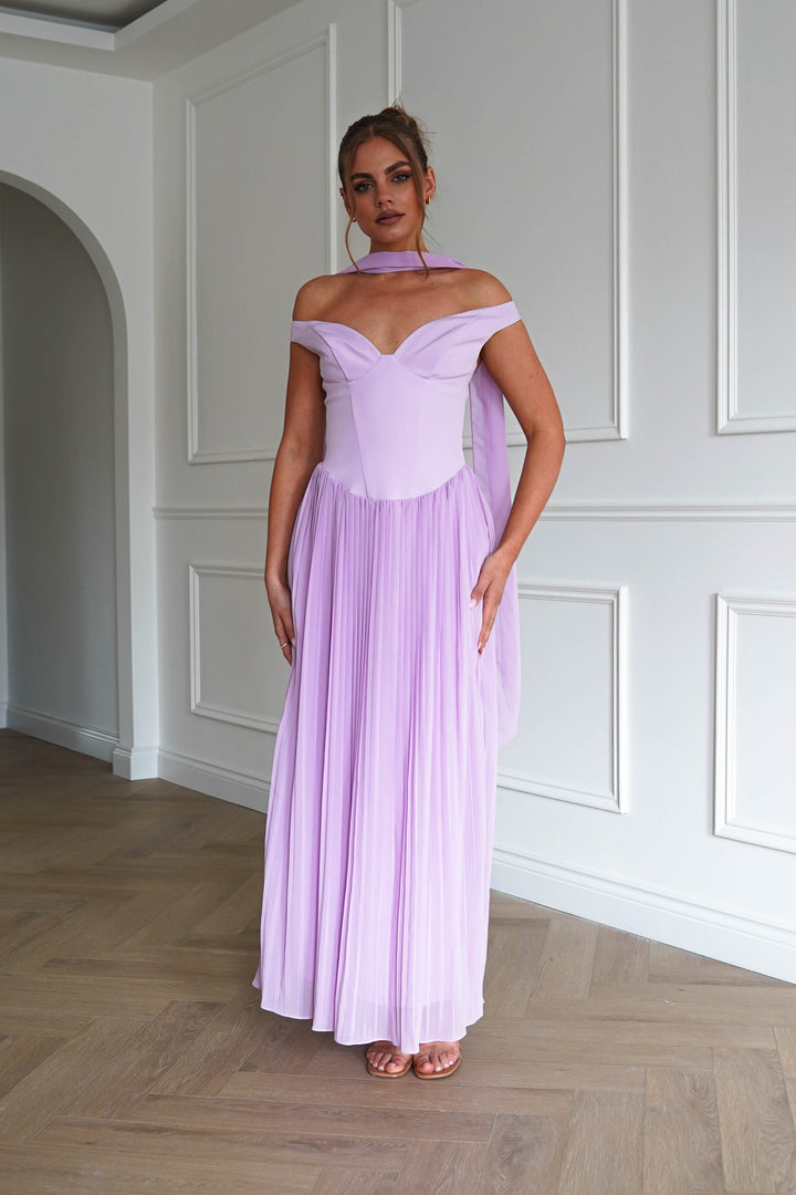 Kelsea Off The Shoulder Pleated Maxi Dress | Lilac