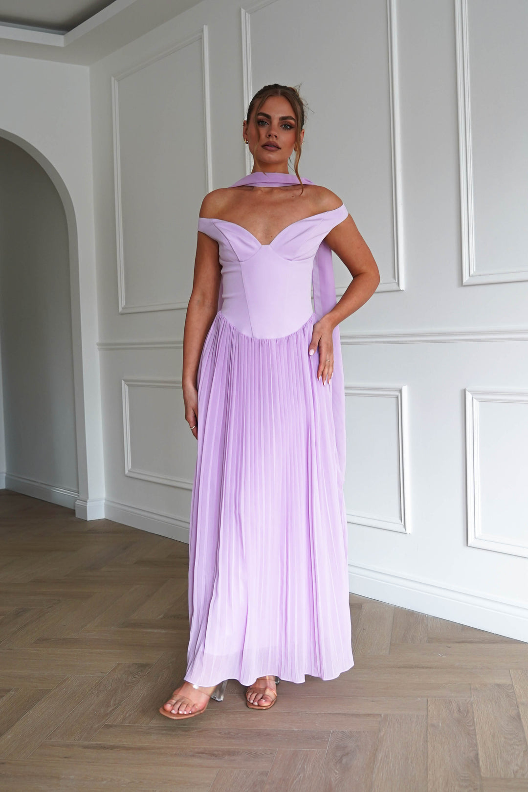 Kelsea Off The Shoulder Pleated Maxi Dress | Lilac