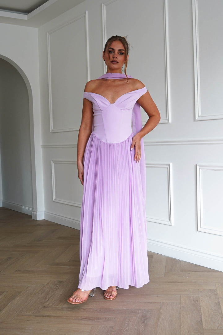 Kelsea Off The Shoulder Pleated Maxi Dress | Lilac