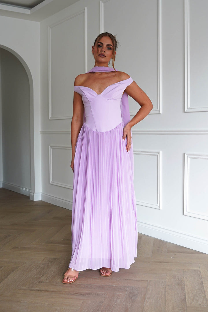 Kelsea Off The Shoulder Pleated Maxi Dress | Lilac