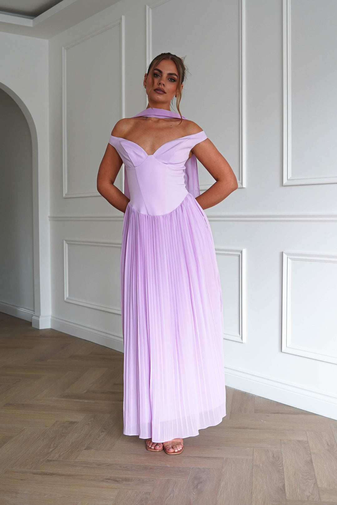 Kelsea Off The Shoulder Pleated Maxi Dress | Lilac
