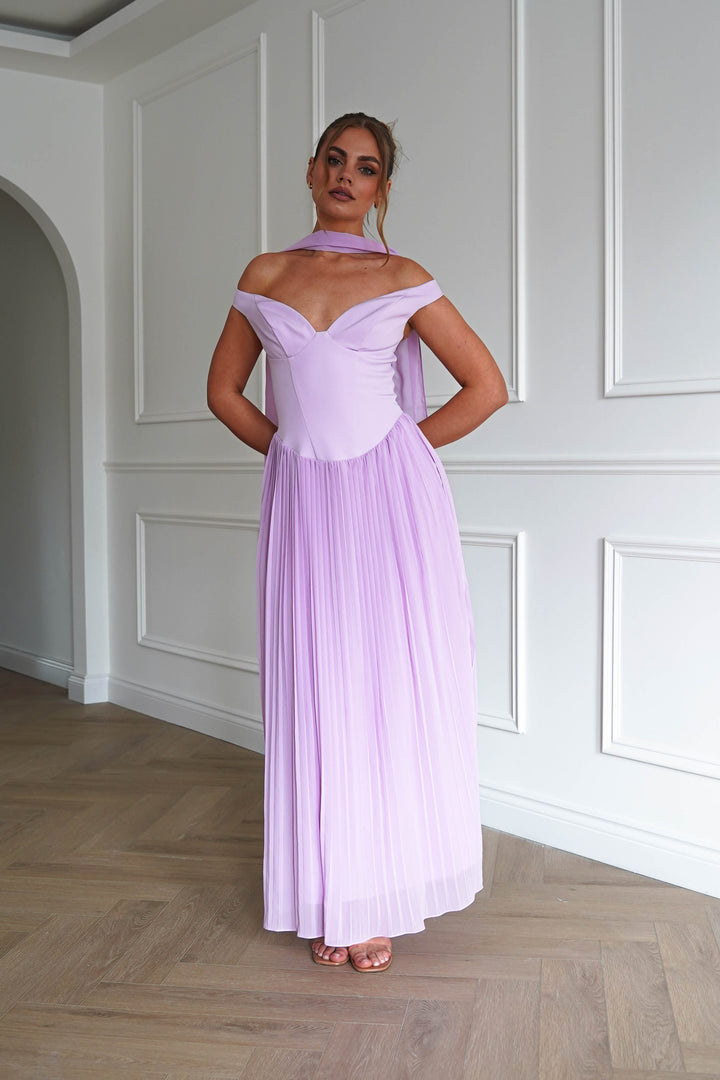 Kelsea Off The Shoulder Pleated Maxi Dress | Lilac