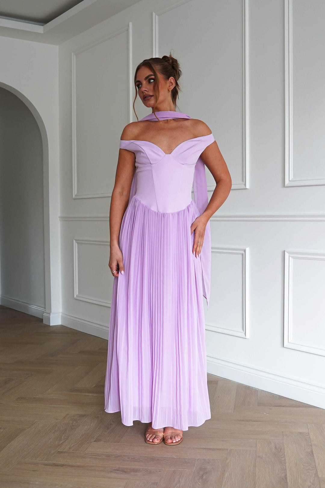 Kelsea Off The Shoulder Pleated Maxi Dress | Lilac