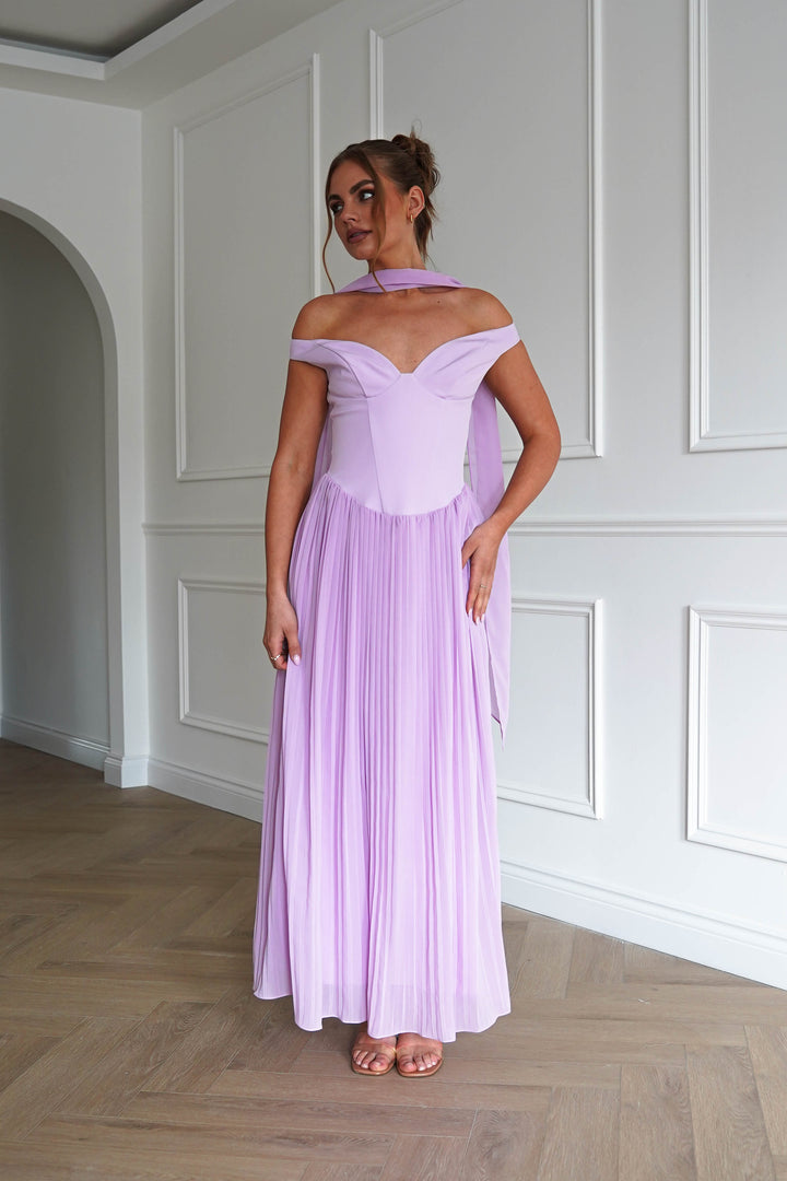 Kelsea Off The Shoulder Pleated Maxi Dress | Lilac