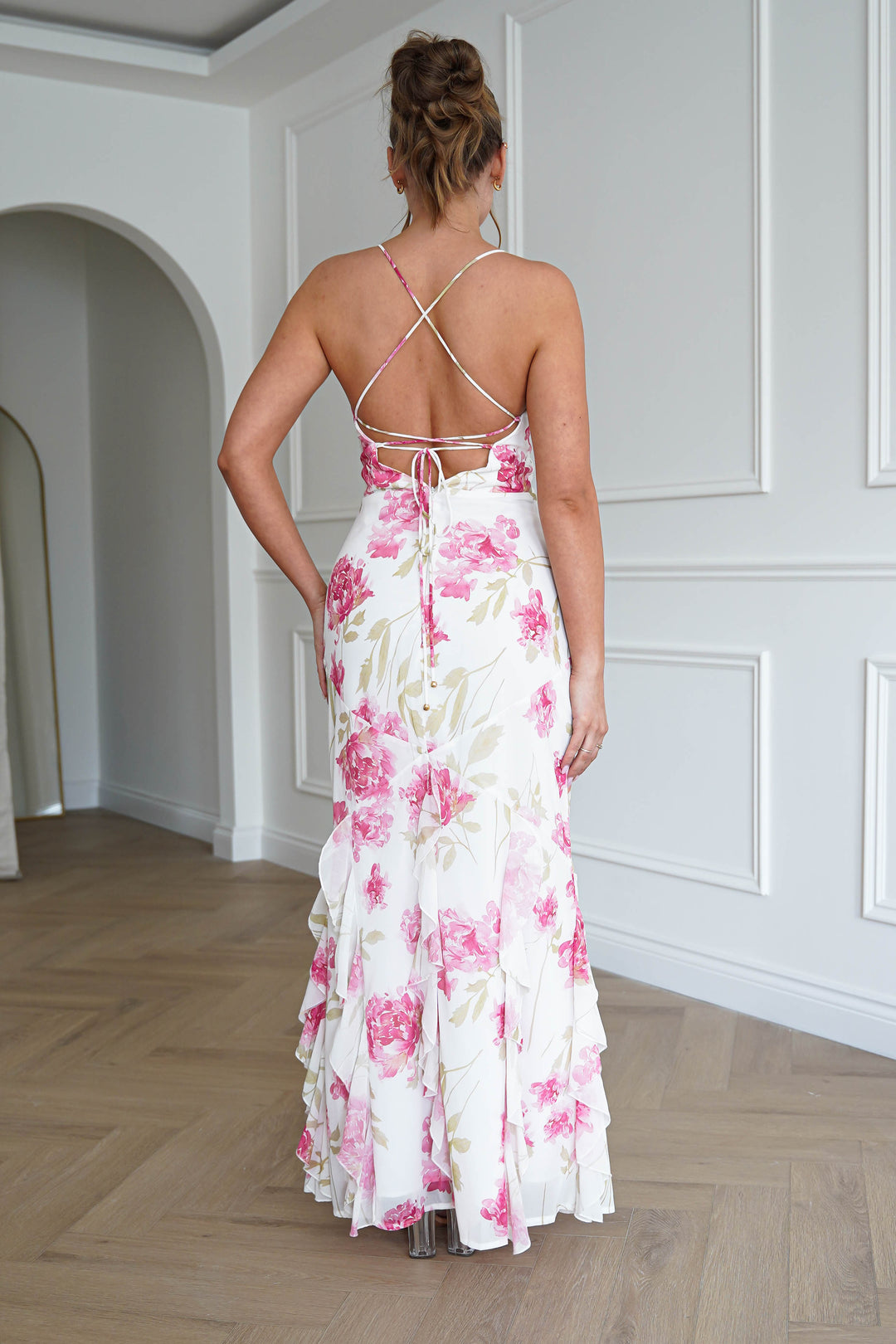 Loralie Floral Ruffle Hem Maxi Dress | White/Pink