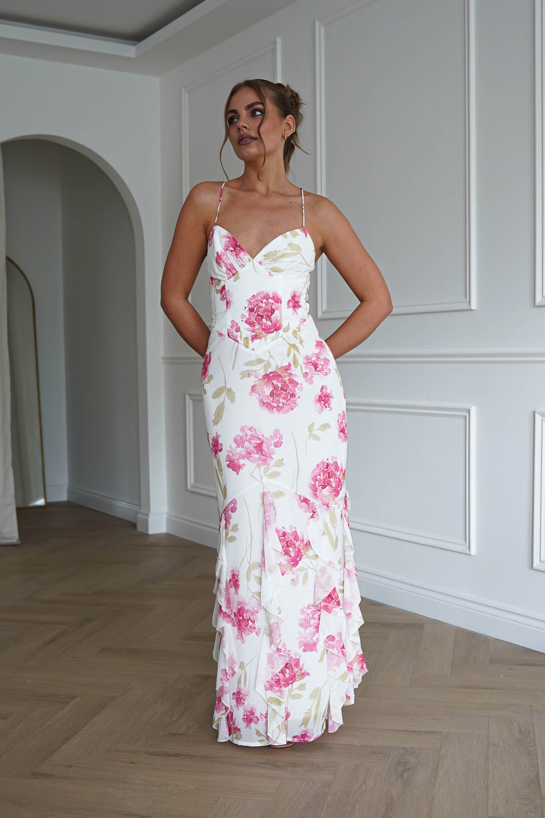 Loralie Floral Ruffle Hem Maxi Dress | White/Pink
