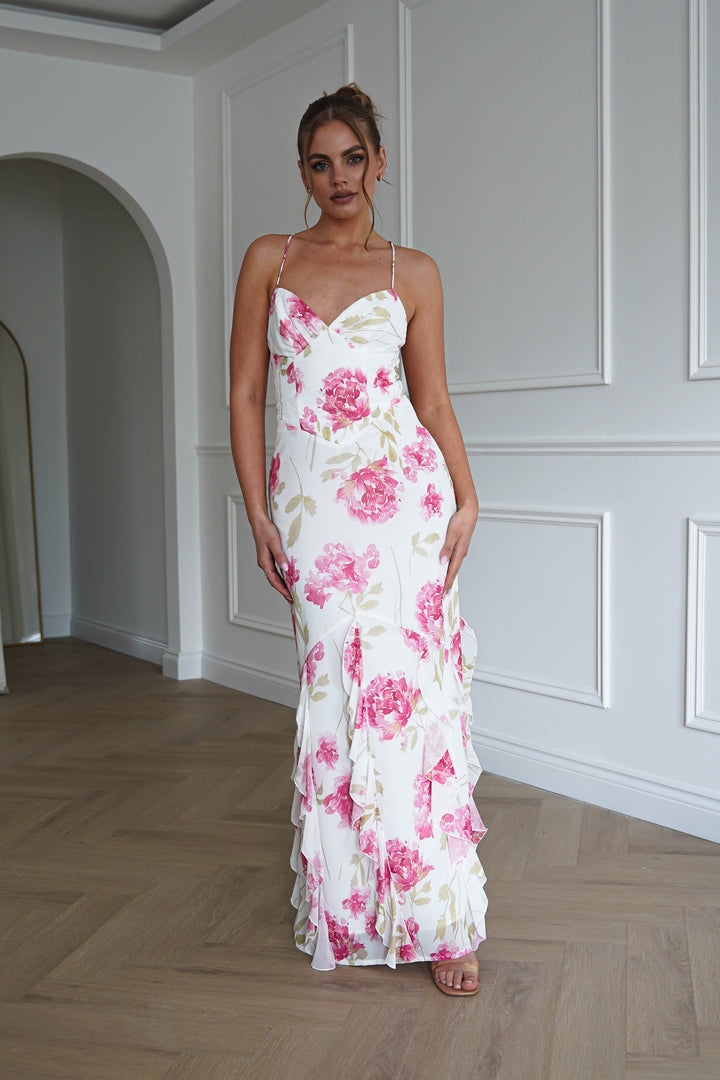 Loralie Floral Ruffle Hem Maxi Dress | White/Pink
