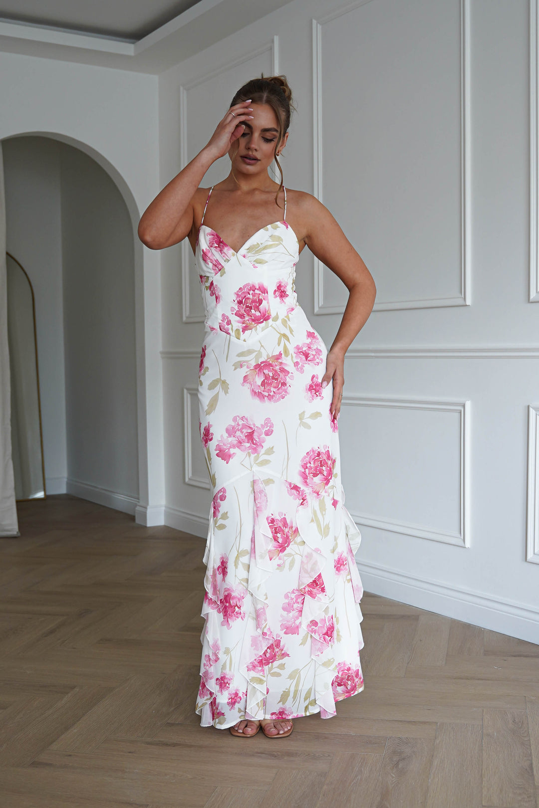 Loralie Floral Ruffle Hem Maxi Dress | White/Pink