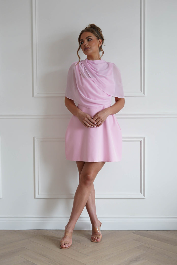 Millie Structured Chiffon Cape Mini Dress | Pink