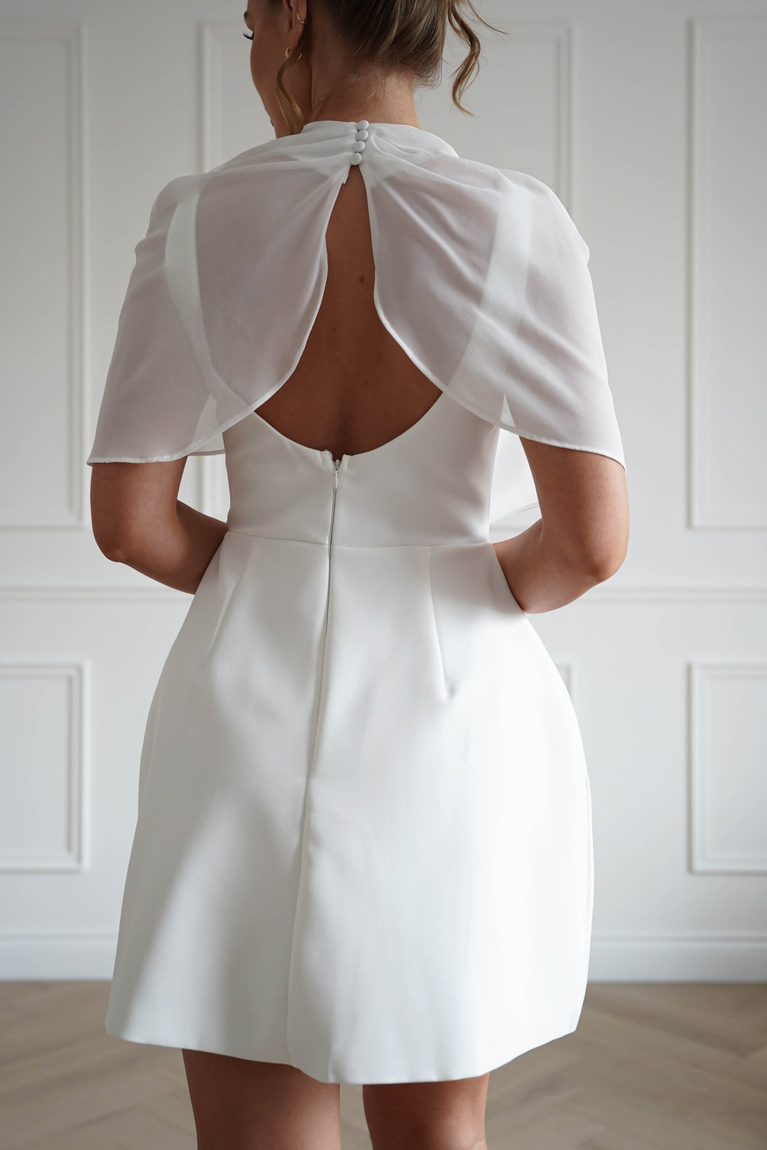 Millie Structured Chiffon Cape Mini Dress | White