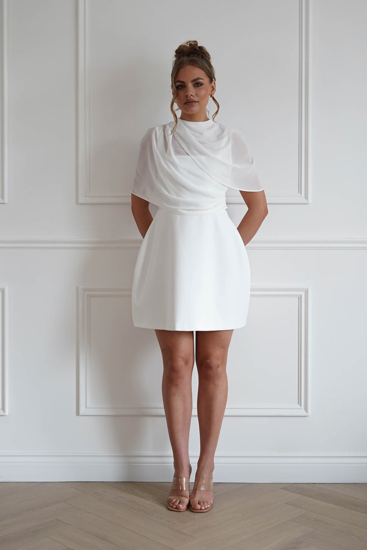 Millie Structured Chiffon Cape Mini Dress | White