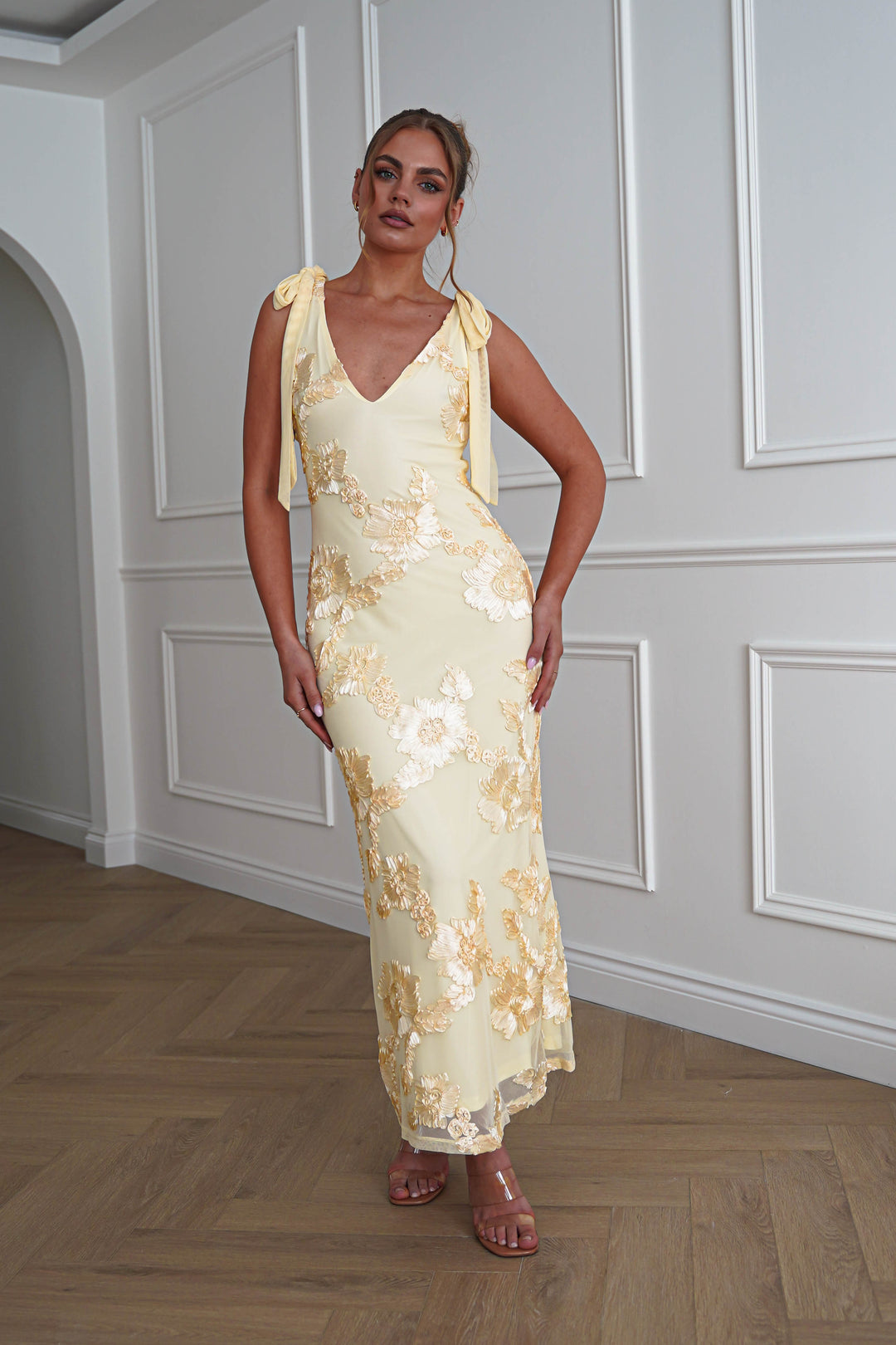 Cyra Floral Appliqué Maxi Dress | Yellow