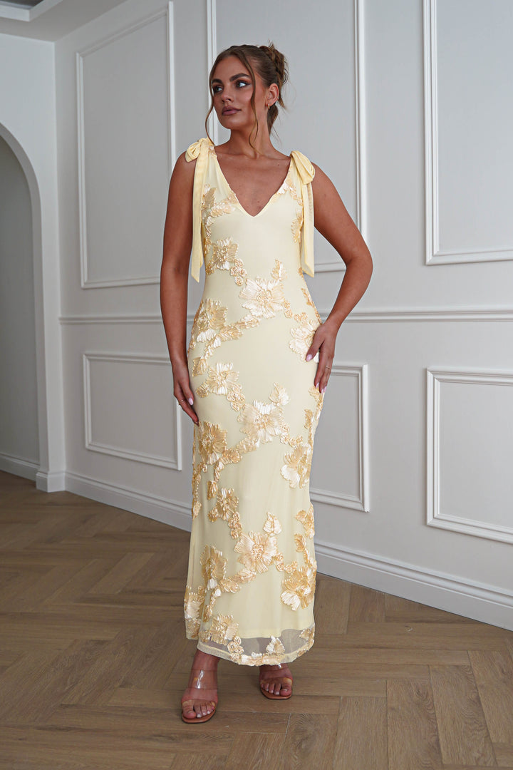 Cyra Floral Appliqué Maxi Dress | Yellow