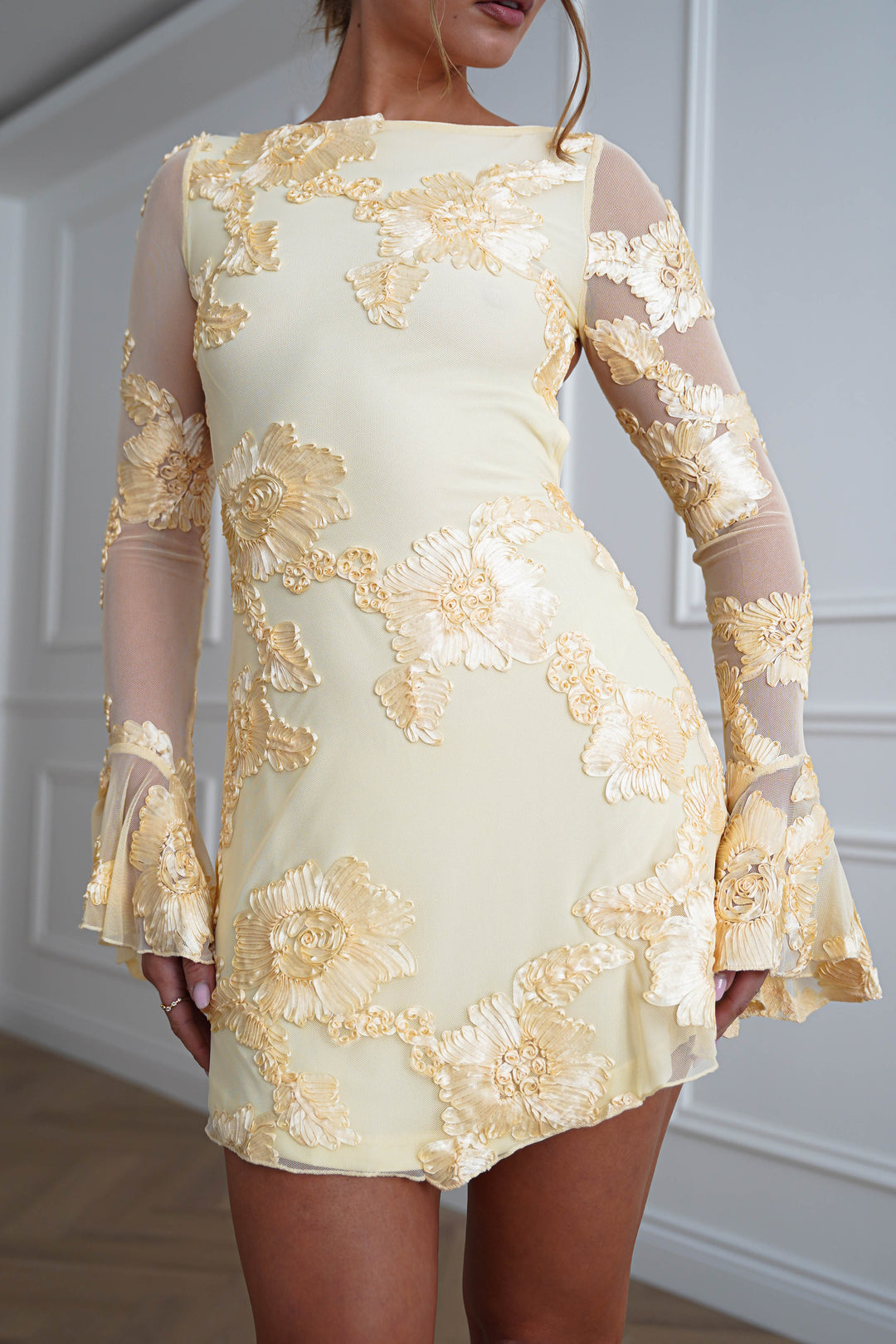 Lucy Floral Appliqué Mini Dress | Yellow