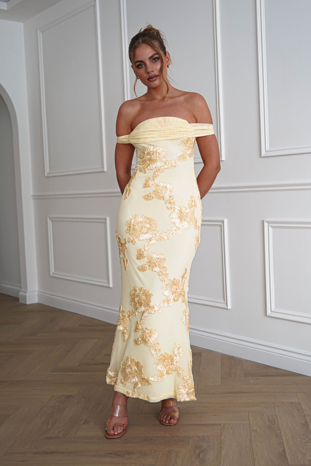 Cassidi Floral Appliqué Mini Dress | Yellow