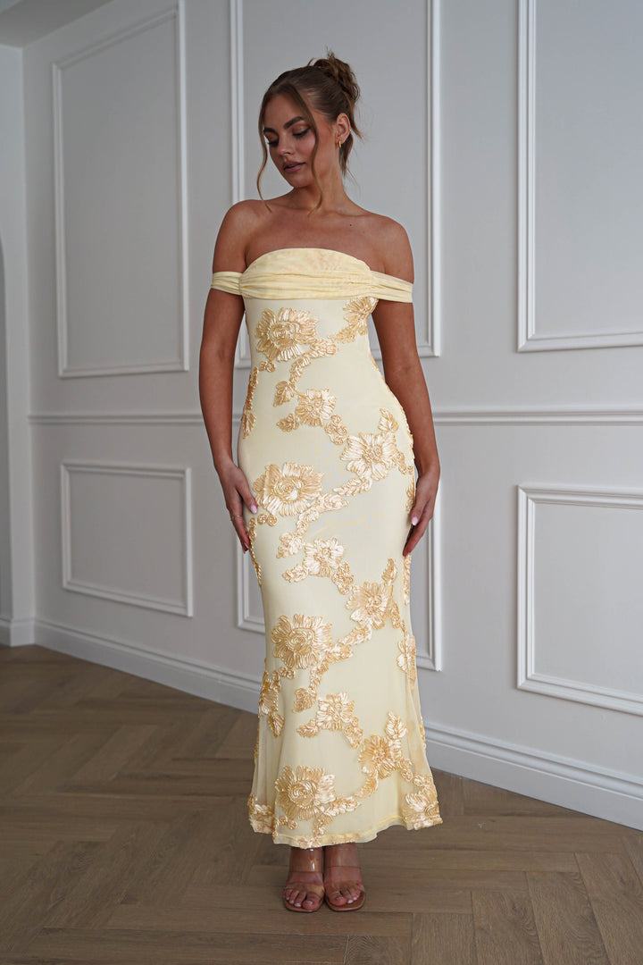 Cassidi Floral Appliqué Mini Dress | Yellow