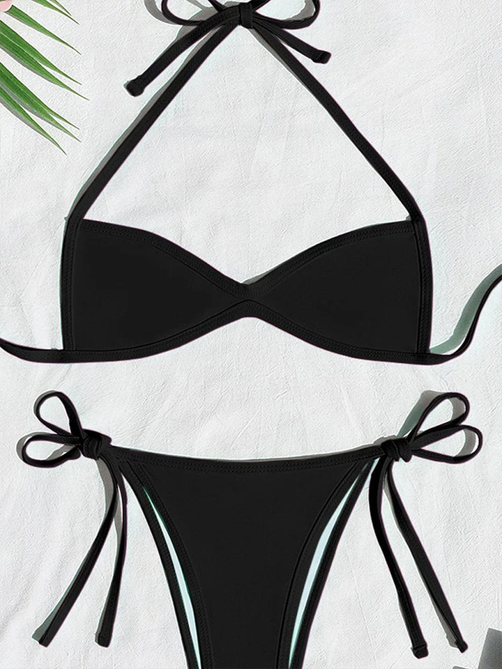 Women’s Halter Tie-Back Plain High-Cut Two-Piece Bikini for Summer Beach
