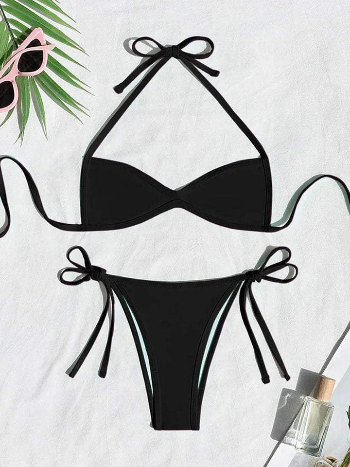 Women’s Halter Tie-Back Plain High-Cut Two-Piece Bikini for Summer Beach