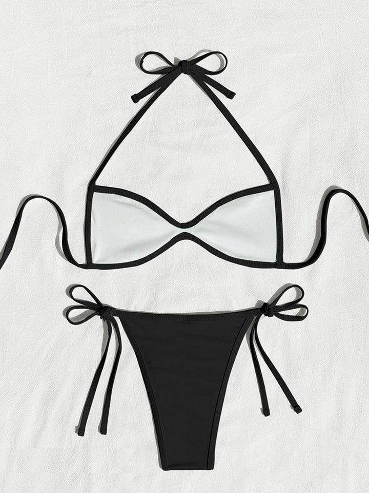 Women’s Halter Tie-Back Plain High-Cut Two-Piece Bikini for Summer Beach