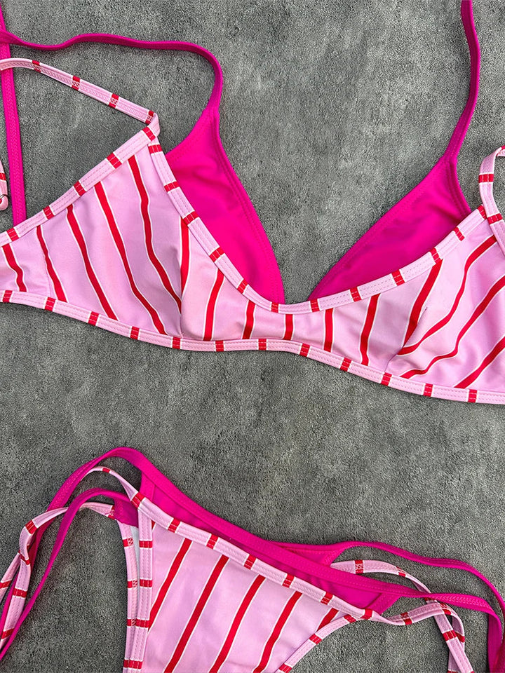 Women’s Pink Striped Halter Triangle Bikini Set