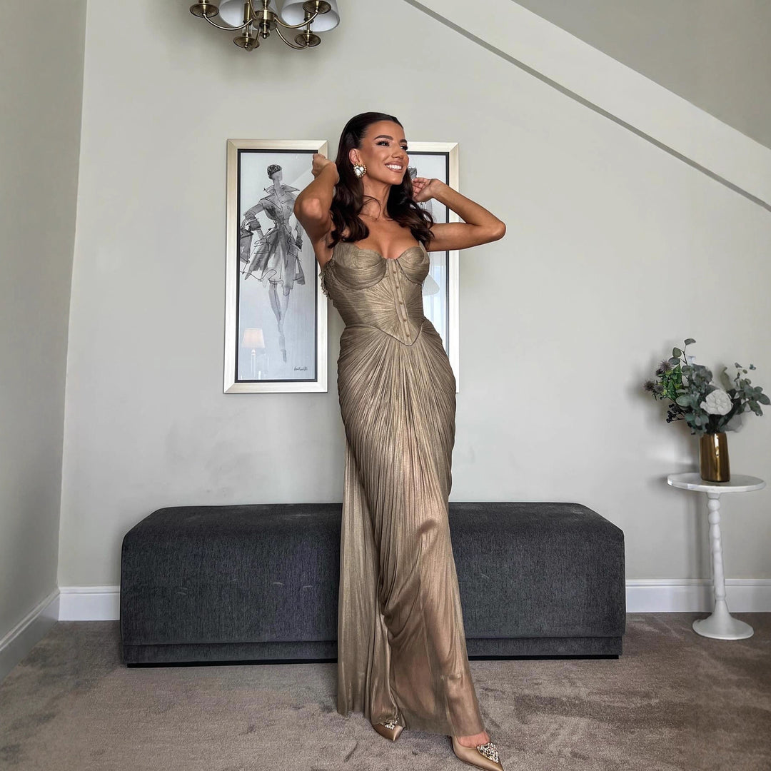 Bella™ Gold Glossy Pleated Corset Maxi Dress