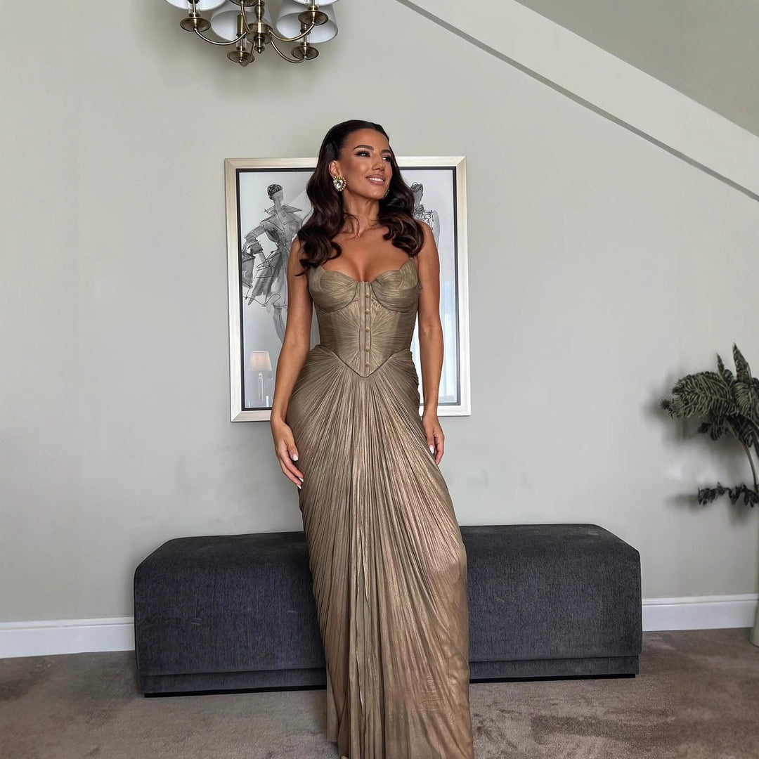 Bella™ Gold Glossy Pleated Corset Maxi Dress