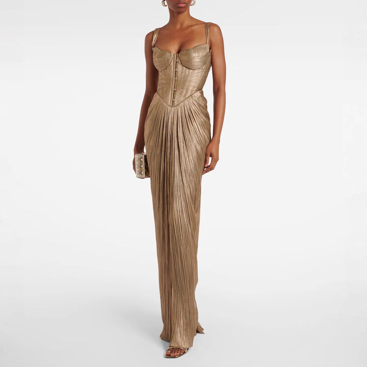 Bella™ Gold Glossy Pleated Corset Maxi Dress
