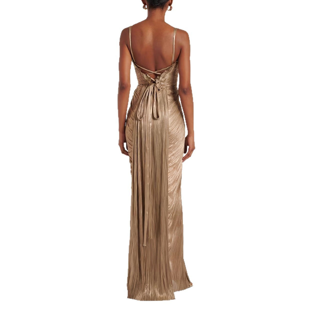 Bella™ Gold Glossy Pleated Corset Maxi Dress