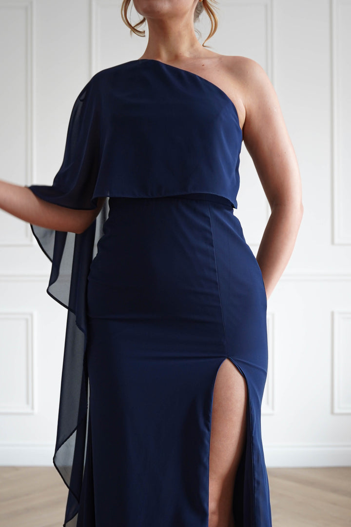 Criselda One Shoulder Chiffon Maxi Dress | Navy