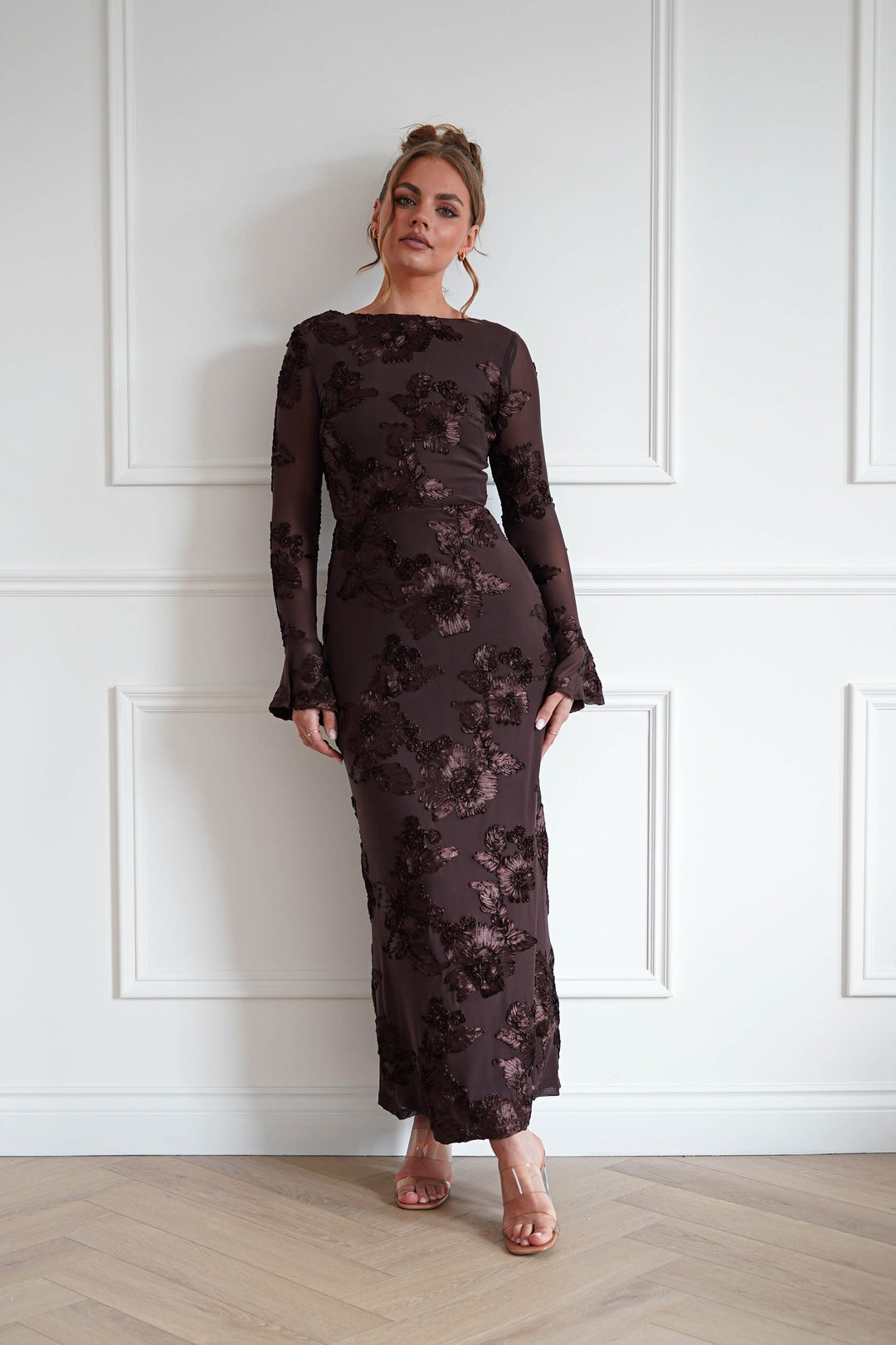 Amelita Long Sleeve Textured Maxi Dress | Brown