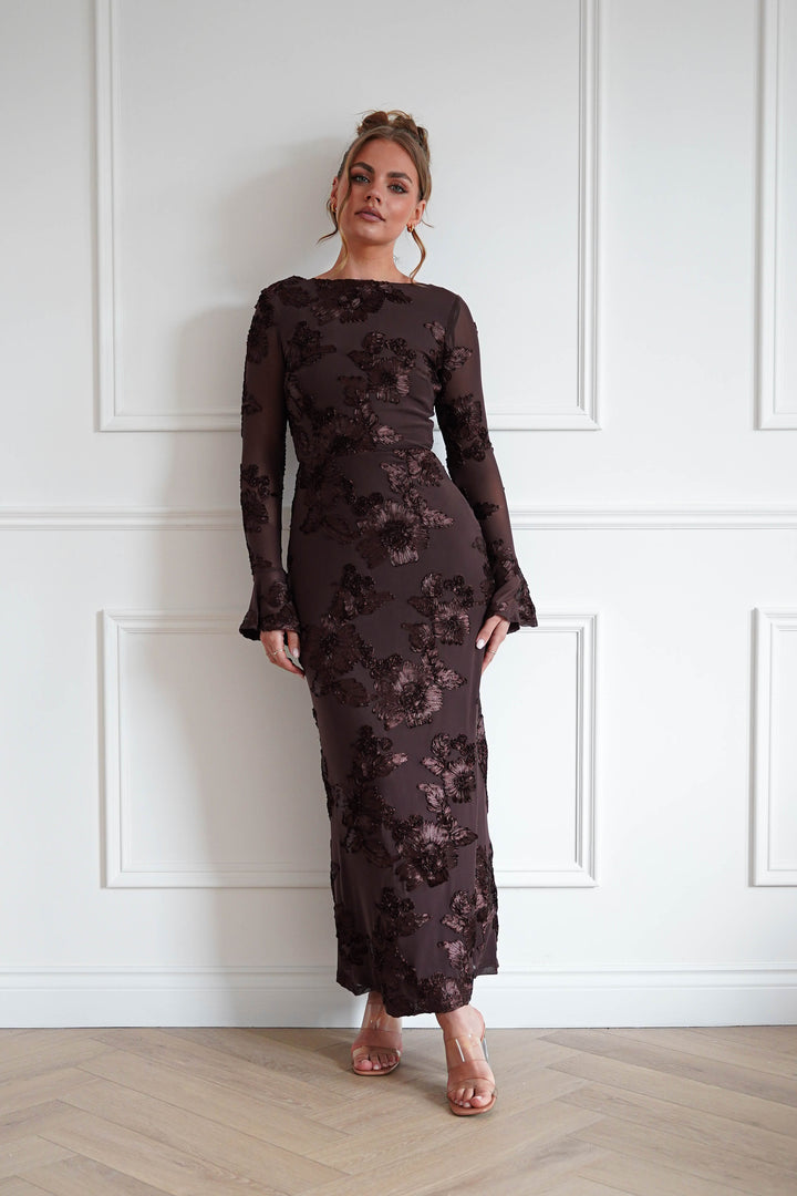 Amelita Long Sleeve Textured Maxi Dress | Brown