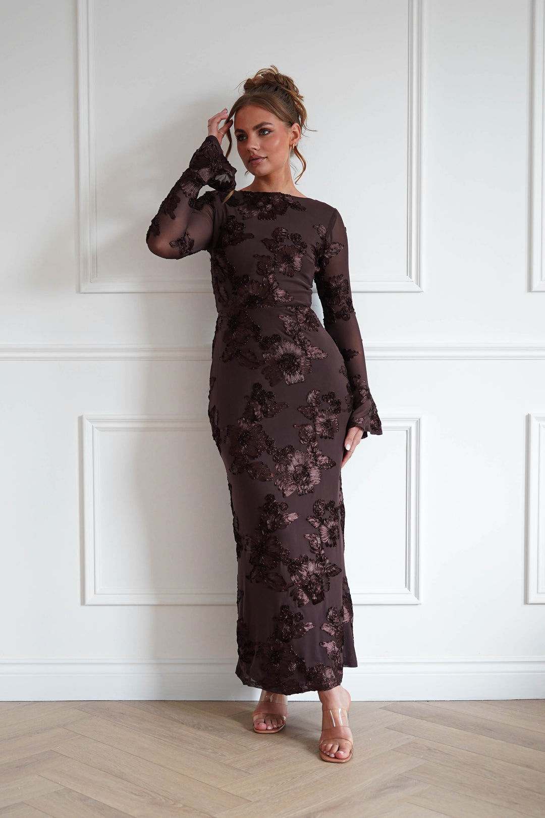 Amelita Long Sleeve Textured Maxi Dress | Brown