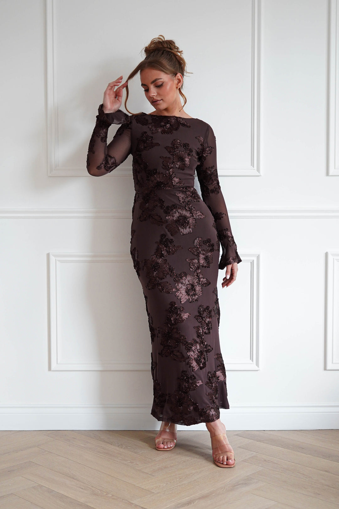 Amelita Long Sleeve Textured Maxi Dress | Brown