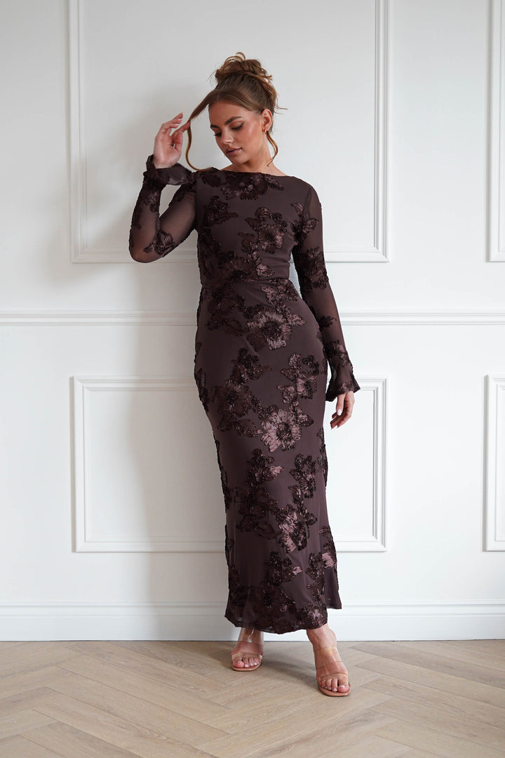 Amelita Long Sleeve Textured Maxi Dress | Brown