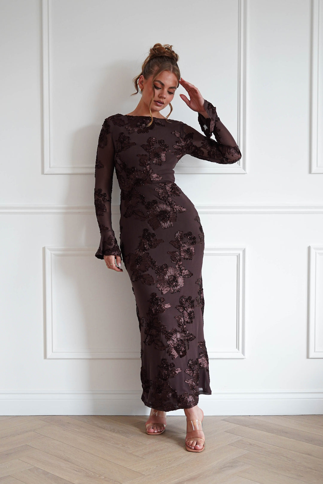 Amelita Long Sleeve Textured Maxi Dress | Brown