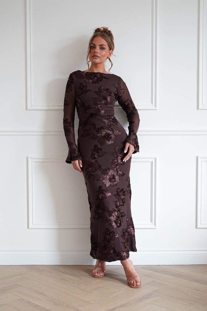 Amelita Long Sleeve Textured Maxi Dress | Brown