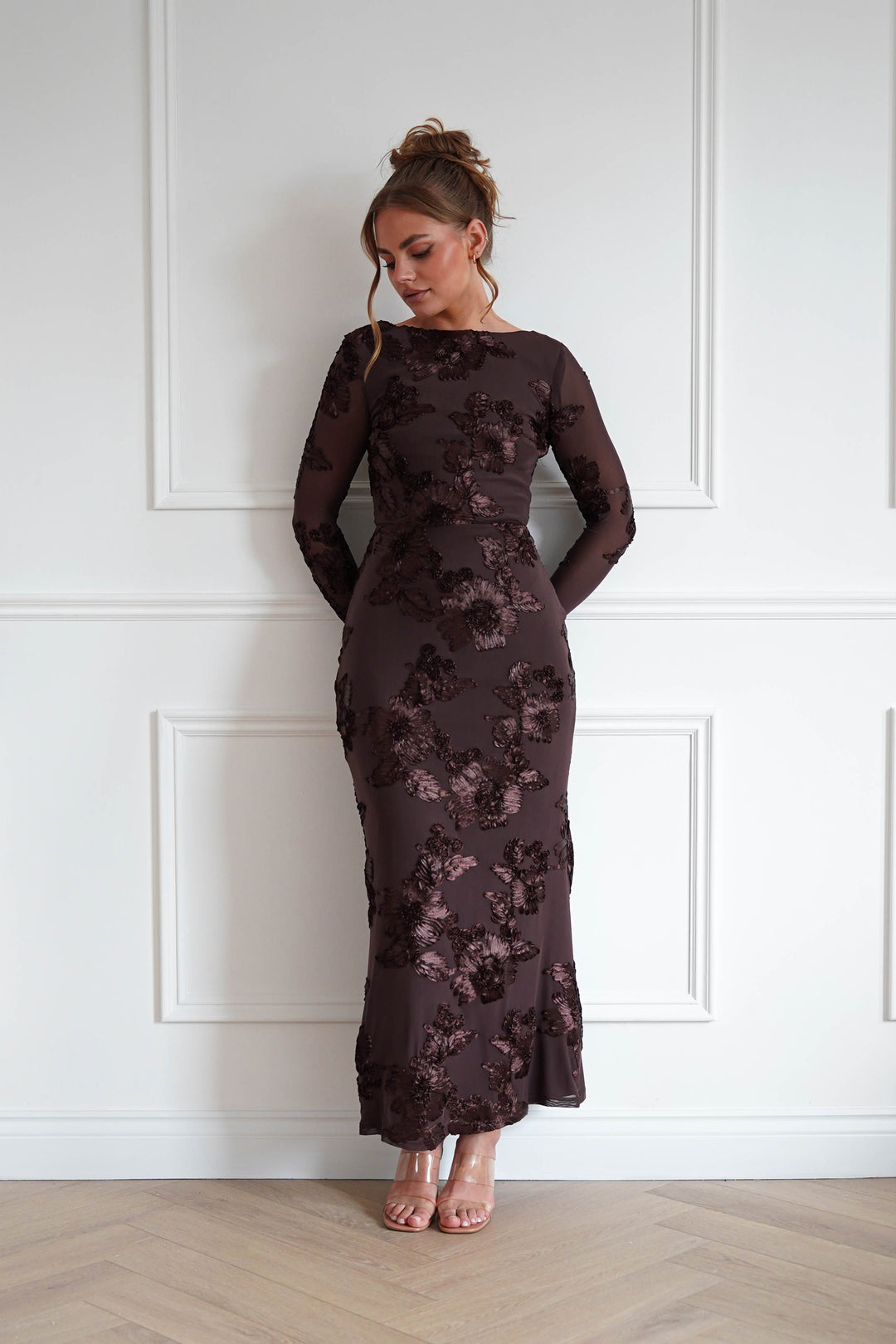 Amelita Long Sleeve Textured Maxi Dress | Brown