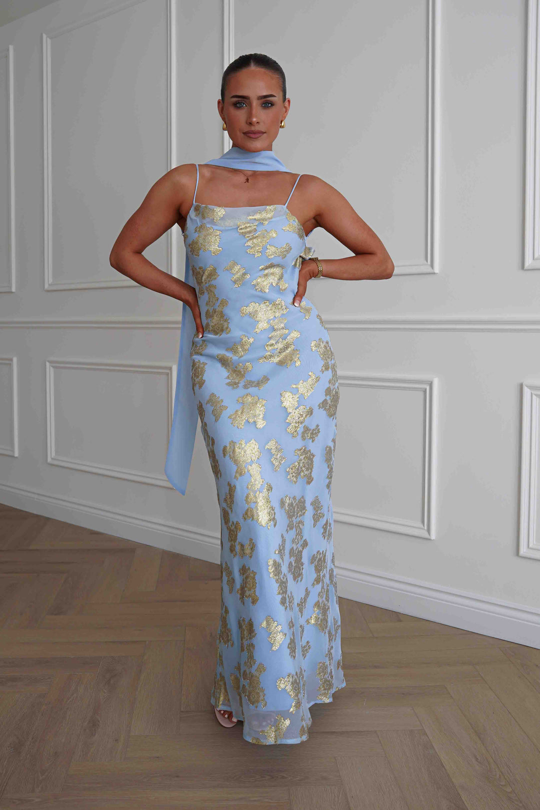 Auria Gold Textured Floral Applique Maxi Dress | Blue