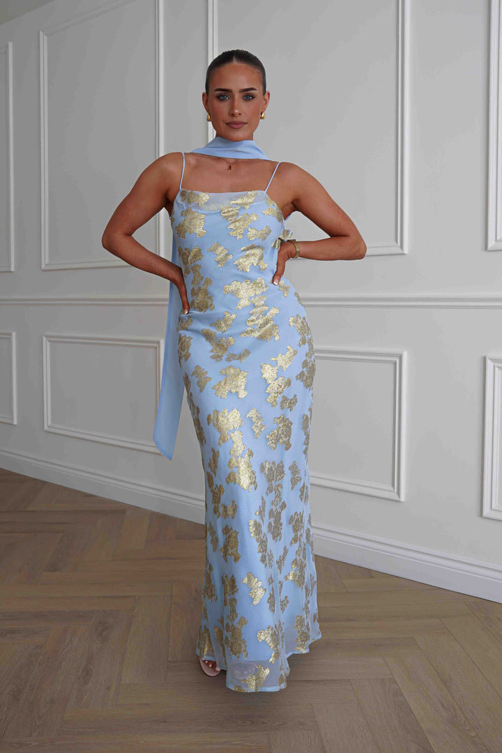Auria Gold Textured Floral Applique Maxi Dress | Blue